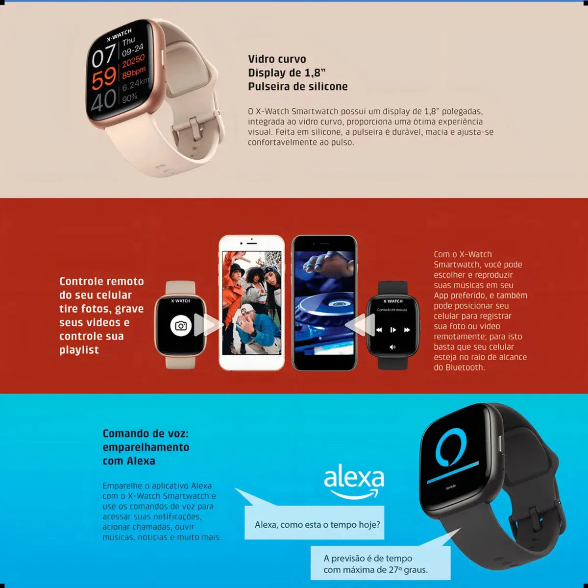 Relógio Smartwatch X-watch Troca Pulseira Compatível Alexa Preto